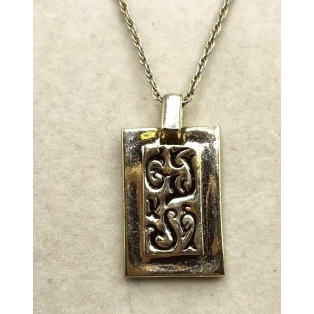 Scrolled Rectangle Charm Slide Pendant Silver/Gold Tone Black Enamel